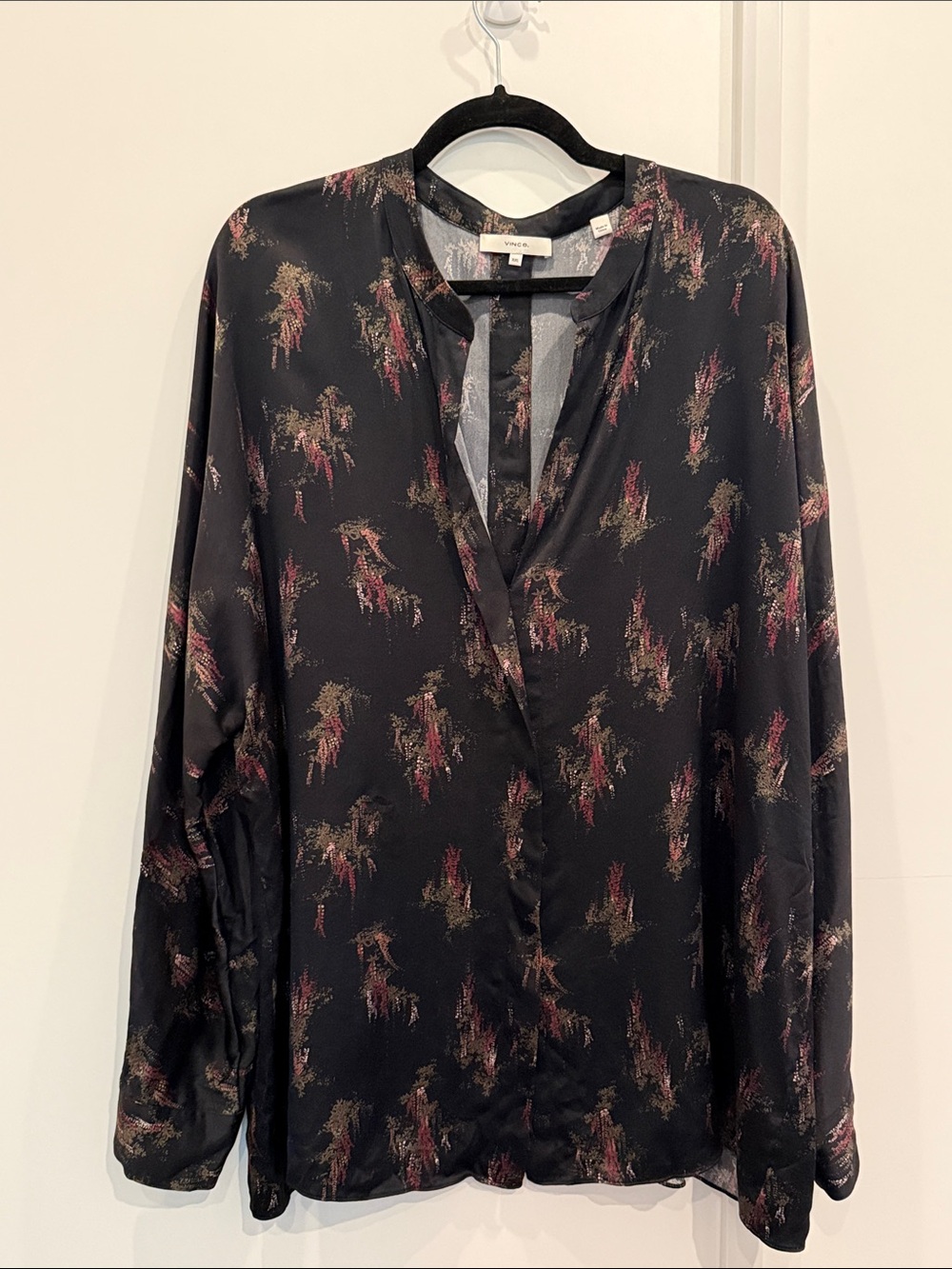 Vince Women Silk Blouse Wisteria Popover Black Floral Shirt